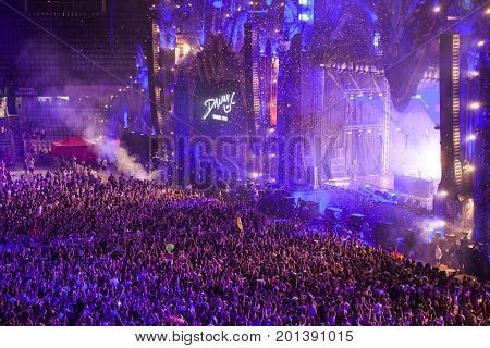 Cluj-Napoca, Romania - August 3, 2017: Crowd having fun at Dannic, a Dutch DJ and EDM producer, live concert at Untold Festival, the Best Major Music Festival of Europe