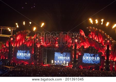 Cluj-Napoca, Romania - August 3, 2017: Crowd having fun at Dannic, a Dutch DJ and EDM producer, live concert at Untold Festival, the Best Major Music Festival of Europe