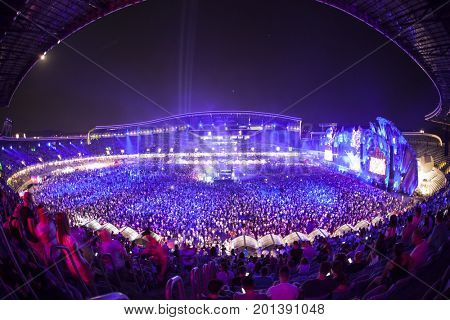 Cluj-Napoca, Romania - August 3, 2017: Crowd having fun at Dannic, a Dutch DJ and EDM producer, live concert at Untold Festival, the Best Major Music Festival of Europe