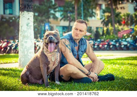 Happy friends man and dog american pit bull terrier sitting on grass in park. Caucasian male with strong dog