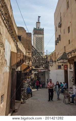 Fez, Morocco - May 9, 2017: View of street in ancient Fez El Bali Medina (Old Town) Fez Morocco