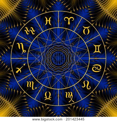 Magic circle with zodiacs sign on abstract mystic background.