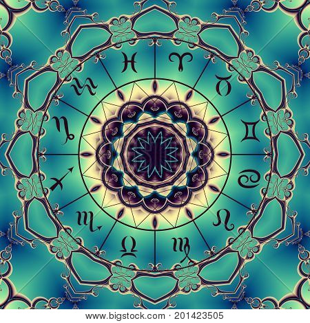 Magic circle with zodiacs sign on abstract mystic background.
