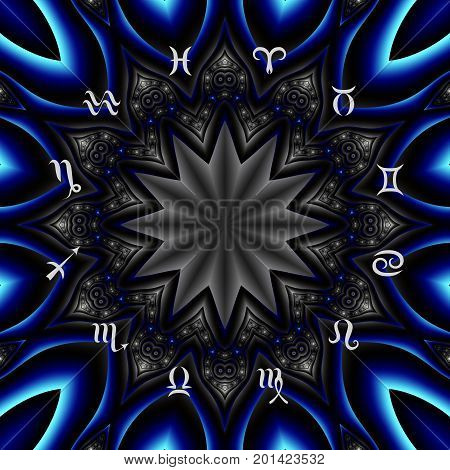 Magic circle with zodiacs sign on abstract mystic background.