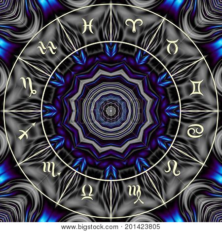 Magic circle with zodiacs sign on abstract mystic background.