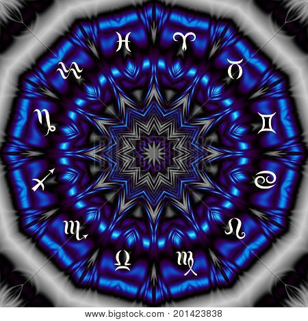 Magic circle with zodiacs sign on abstract mystic background.