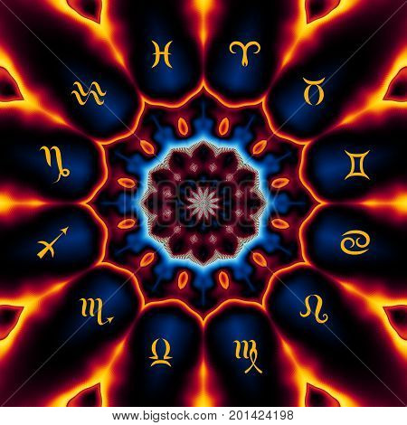 Magic circle with zodiacs sign on abstract mystic background.