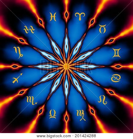 Magic circle with zodiacs sign on abstract mystic background.