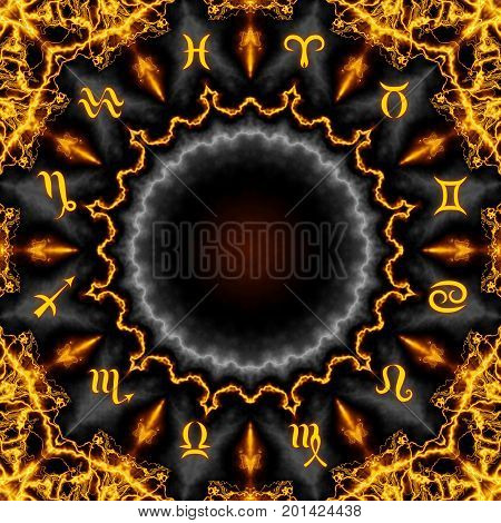 Magic circle with zodiacs sign on abstract mystic background.