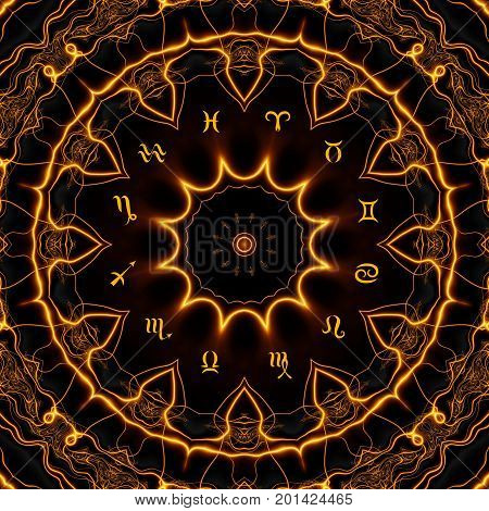 Magic circle with zodiacs sign on abstract mystic background.