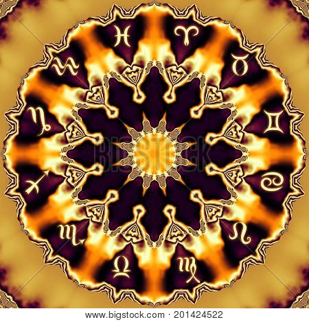 Magic circle with zodiacs sign on abstract mystic background.