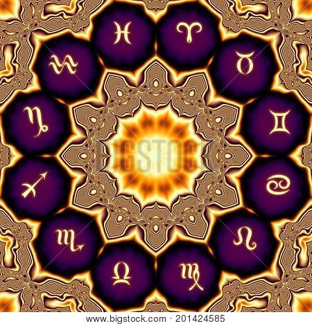 Magic circle with zodiacs sign on abstract mystic background.