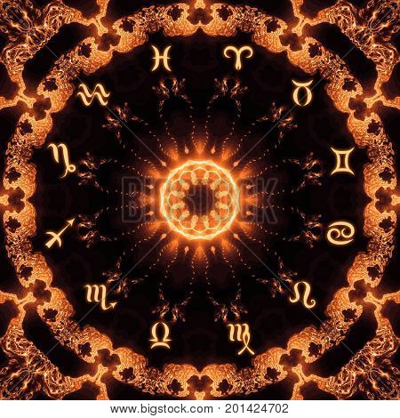 Magic circle with zodiacs sign on abstract mystic background.