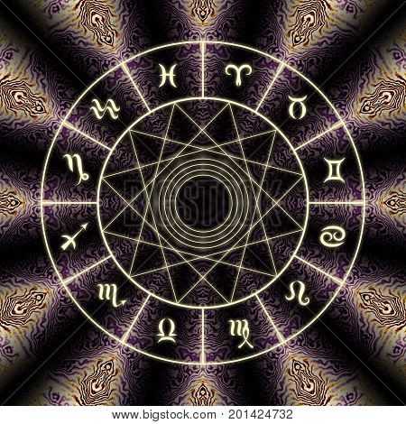 Magic circle with zodiacs sign on abstract mystic background.