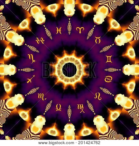 Magic circle with zodiacs sign on abstract mystic background.