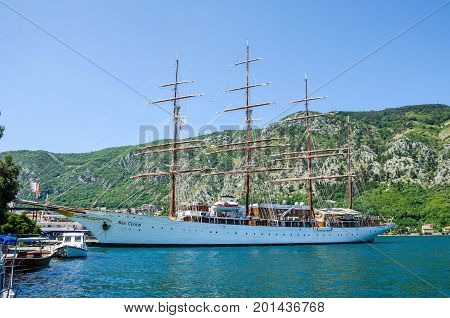 Kotor Montenegro - June 8 2017: A four-masted sailing vessel (sailing cruise liner) Sea Cloud in port of Kotor.