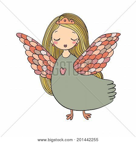 Girl Sirin. Mythological bird. Russian folklore. Isolated objects on white background. Vector illustration.
