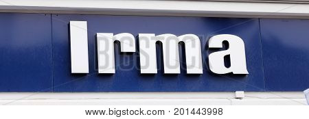 Copenhagen Denmark - August 24 2017: Close-up of the Danish grocery chain Irma sign at the store located at Norreport.