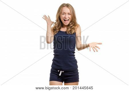 Young woman furious on white background isolation