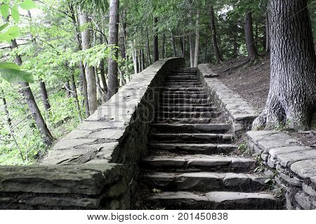 Shady natural stone steps along the gorge. Trees leading into forest hiking trails in Lethcworth State Park in New York state