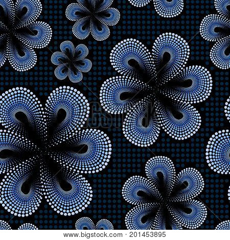 Seamless pattern with blue tiare flower. Dots, doted pattern. Monoi flower. Black background