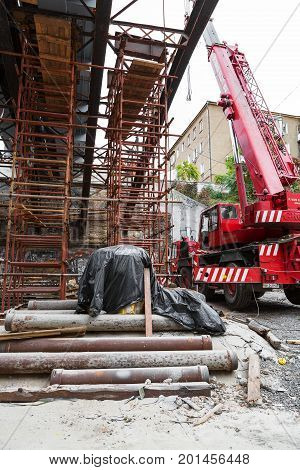 Odessa, Ukraine - October 11, 2016: Bridge Repair. Metallicheskie Support Of The Bridge. Carried Out