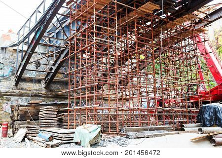 Odessa, Ukraine - October 11, 2016: Bridge Repair. Metallicheskie Support Of The Bridge. Carried Out