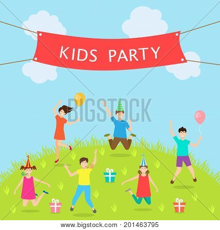 Children Have Fun Party. Leisure and Entertainment. Amusement Park. Active Kids Jumping - Illustration Vector