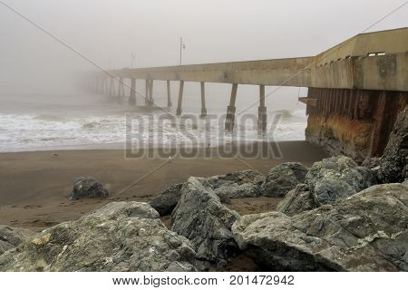 Pacifica Municipal Pier in Fog. Pacifica, San Mateo County, California, USA.