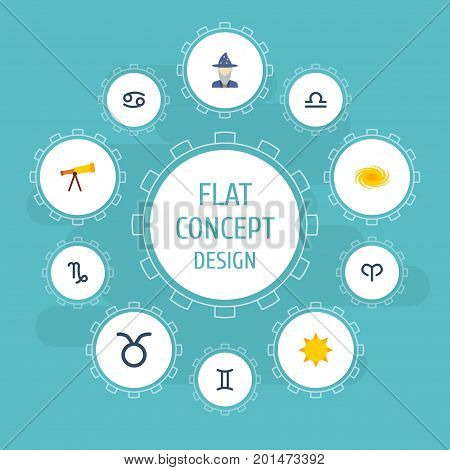 Flat Icons Crab, Space, Augur And Other Vector Elements