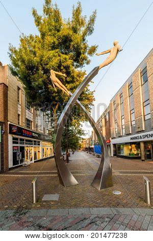 Northampton, UK - Aug 10, 2017: Clear Sky morning view of DNA Memorial at Abington Street in Northampton Town Centre.