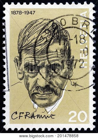 SWITZERLAND - CIRCA 1972: A stamp printed in Switzerland shows novelist Charles Ramuz, circa 1972.