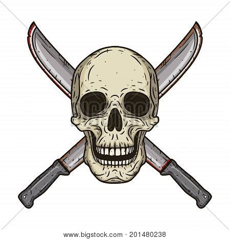 Human skull with two crossed machetes in hand drawn style