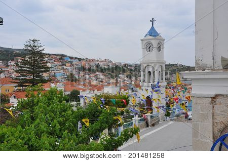 Church tower of Pythagorio on greek island Samos