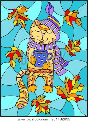 Illustration in stained glass style with a funny cat in the hat the scarf and a mug of tea on the background of bright autumn leaves