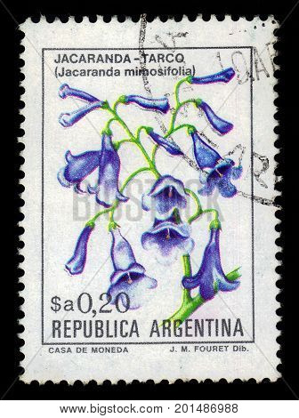 ARGENTINA - CIRCA 1983: a stamp printed in the Argentina shows blue jacaranda, jacaranda mimosifolia is a sub-tropical tree, series, circa 1983