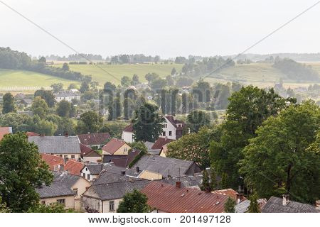 Vineyard Sabile City With Roofs, Meadows, Hill, Forest Trees