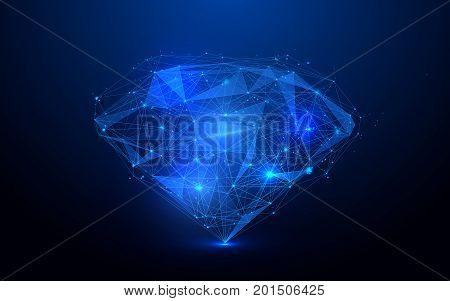 Low polygon diamond wireframe mesh on blue background
