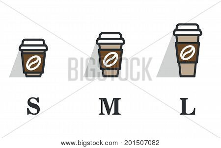 Coffee cup on the go. Coffee cups of different sizes. Vector icon set. Flat design color.