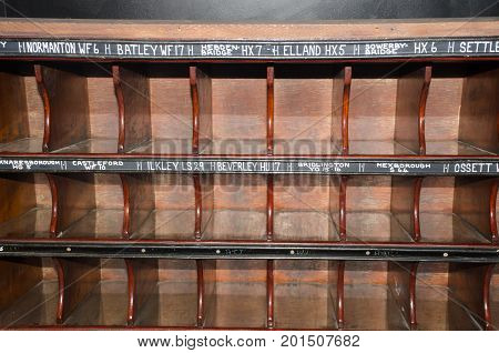 Wooden pigeon holes for post on mail train
