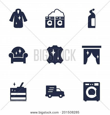 Collection Of Washhouse, Detergent, Dry And Other Elements.  Set Of 9 Cleaning Icons Set.