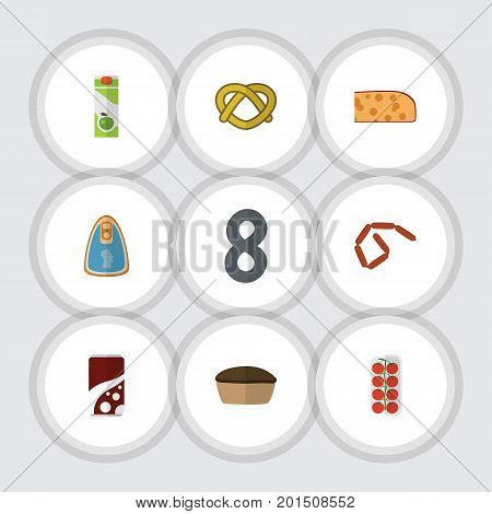 Flat Icon Meal Set Of Fizzy Drink, Cookie, Cheddar Slice And Other Vector Objects