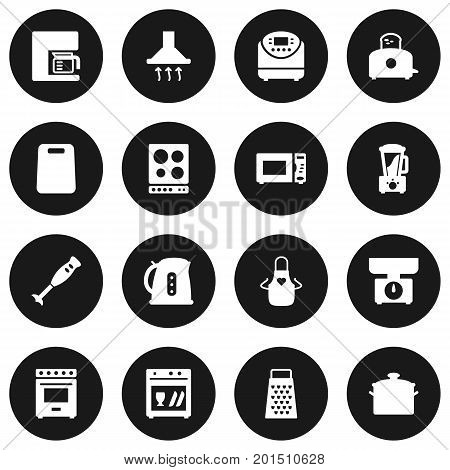 Collection Of Extractor Hood, Slicer, Squeezer And Other Elements.  Set Of 16 Kitchen Icons Set.