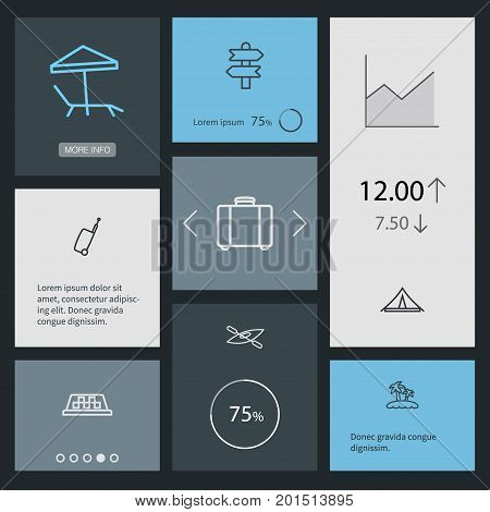 Collection Of Suitcase, Parasol, Awning And Other Elements.  Set Of 8 Relax Outline Icons Set.