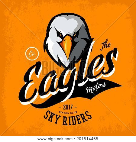 Vintage furious eagle bikers gang club vector logo concept isolated on orange background. 
Street wear mascot badge design. Premium quality wild bird emblem t-shirt tee print illustration.