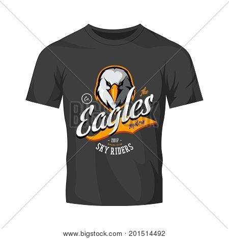 Vintage furious eagle bikers gang club vector logo concept isolated on black t-shirt mockup.
Street wear mascot badge design. Premium quality wild bird emblem t-shirt tee print illustration.