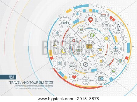 Abstract travel and tourism background. Digital connect system with integrated circles, color flat icons. Interface design. Hotel booking, holiday, vacation concept. Vector infographic illustration