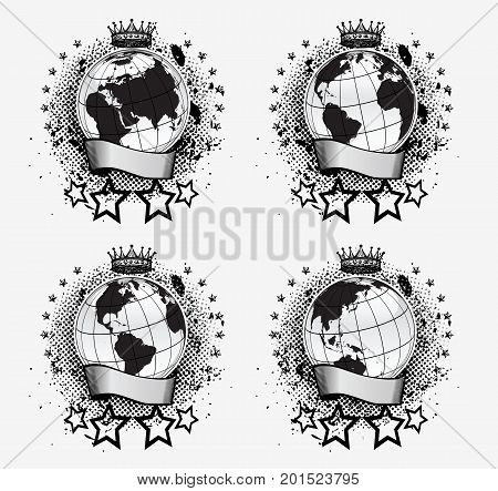 Globes World Map Grunge Dirty Set Vector Illustration