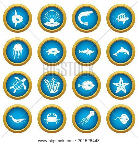 Sea animals icons blue circle set isolated on white for digital marketing