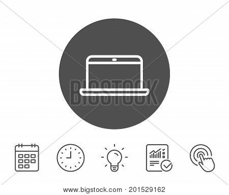 Laptop computer icon. Notebook sign. Portable personal computer symbol. Report, Clock and Calendar line signs. Light bulb and Click icons. Editable stroke. Vector